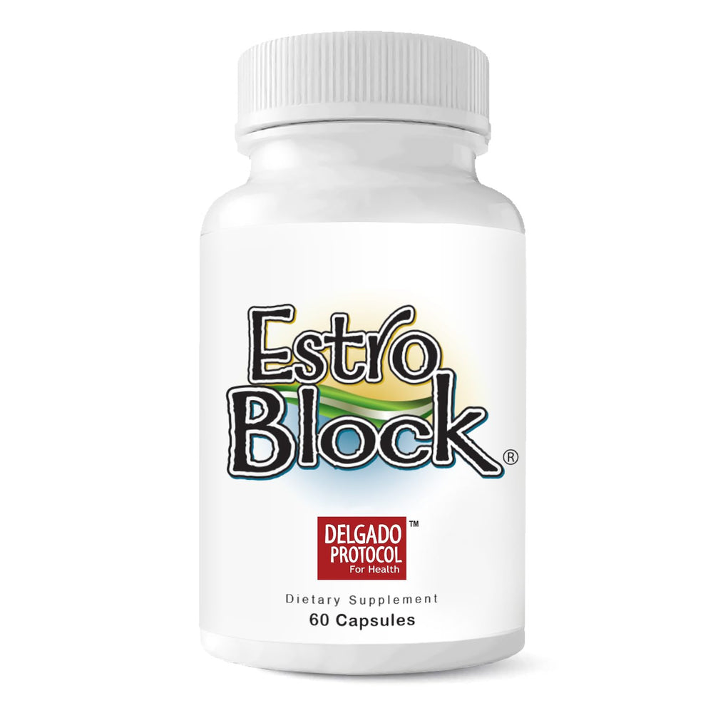 The Delgado Protocol EstroBlock bottle front showing a clean design for clearer, radiant skin.