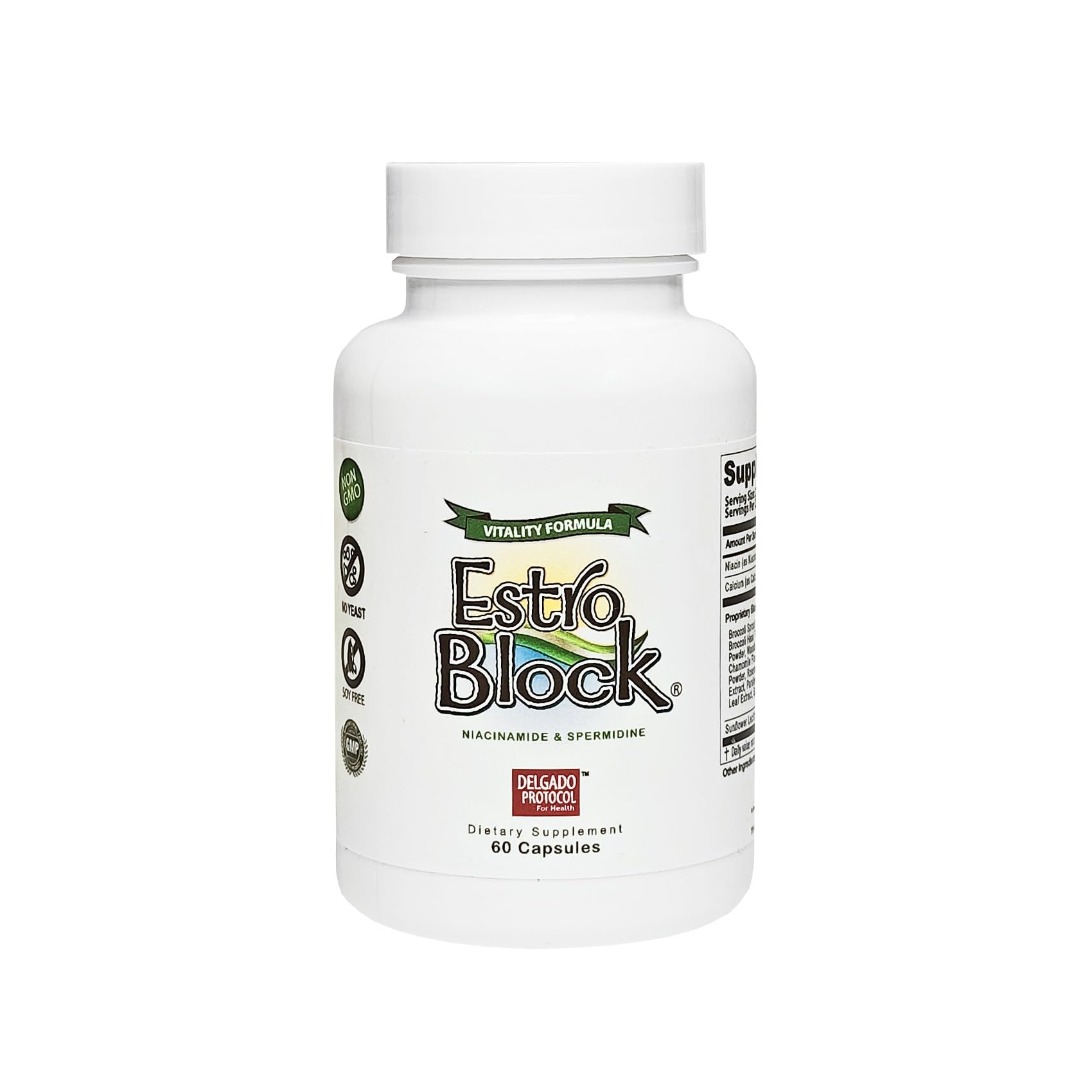 The Delgado Protocol EstroBlock Vitality bottle front, vegan formula supporting daily vitality.