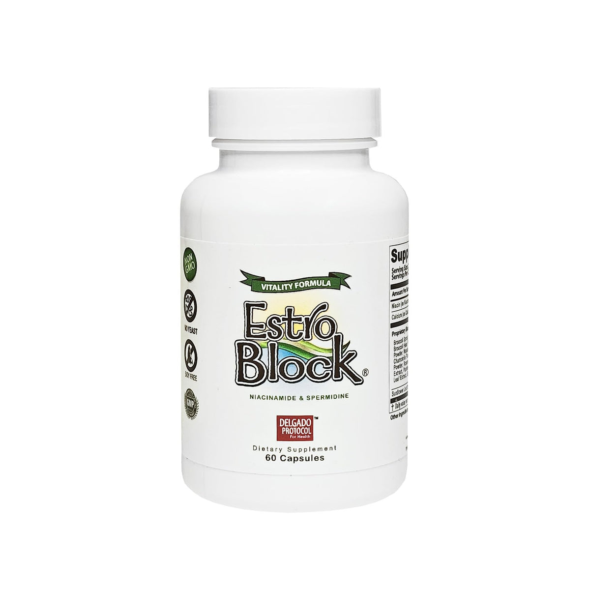 The Delgado Protocol EstroBlock Vitality bottle front, vegan formula supporting daily vitality.