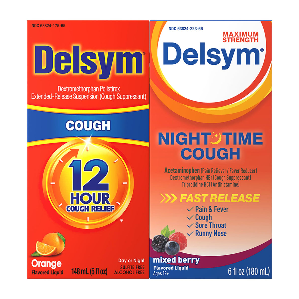 Delsym 12-hour cough liquid orange bottle showing long-lasting relief potential