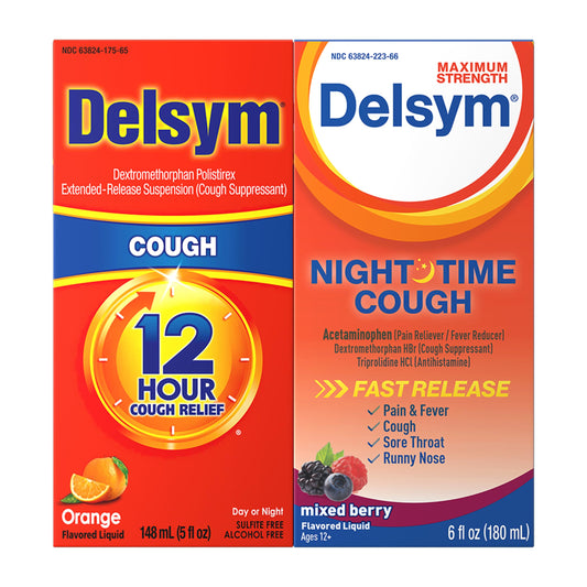 Delsym 12-hour cough liquid orange bottle showing long-lasting relief potential