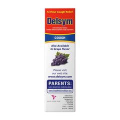Delsym packaging box close-up with branding and directions