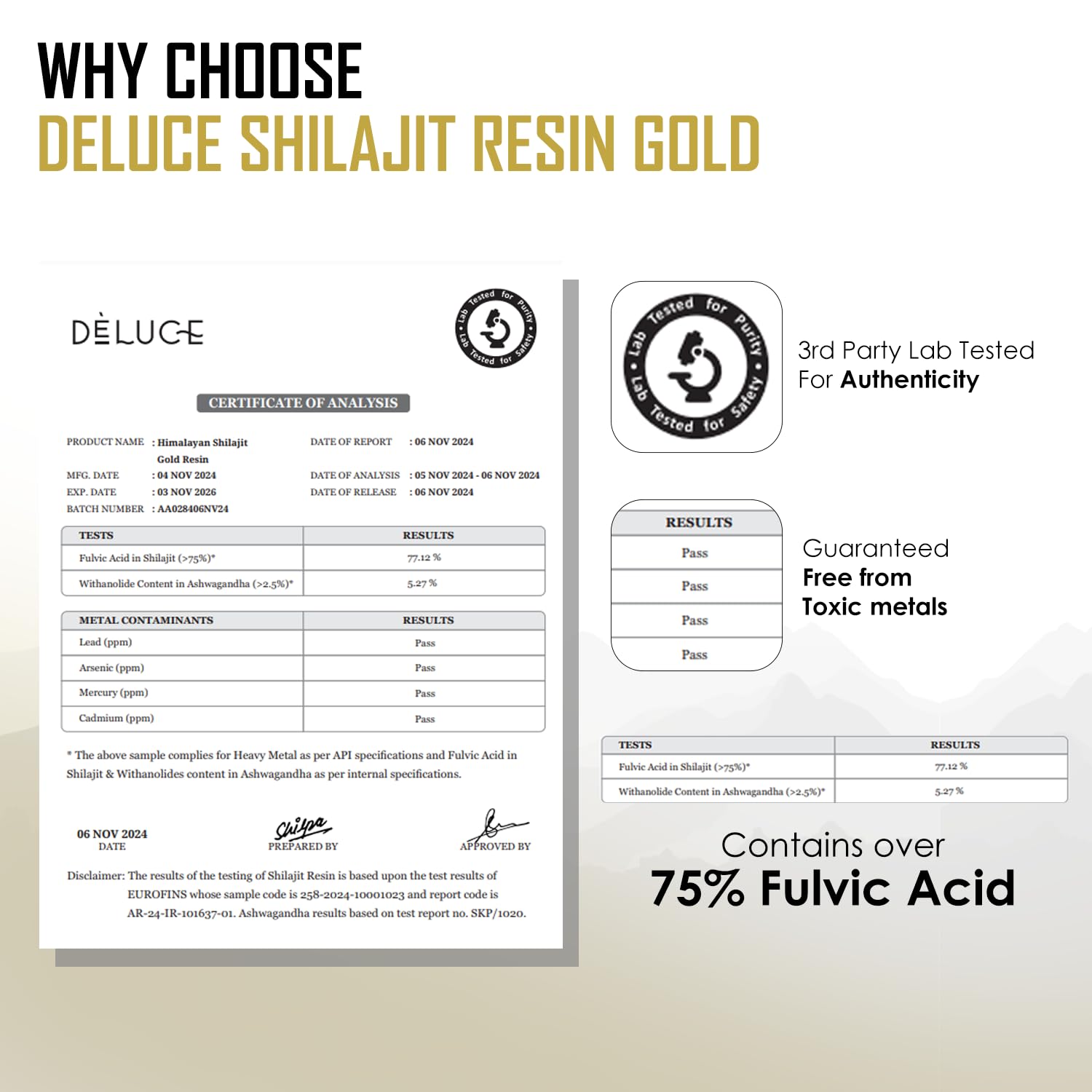 Deluce Himalayan Shilajit Resin Gold herbal blend image highlights Ashwagandha and Safed Musli.