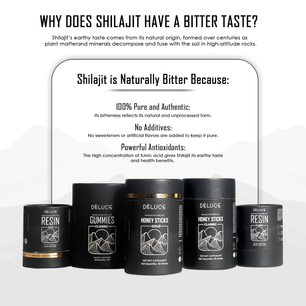 Deluce Himalayan Shilajit Resin Gold in-use setup suggesting daily vitality routine.
