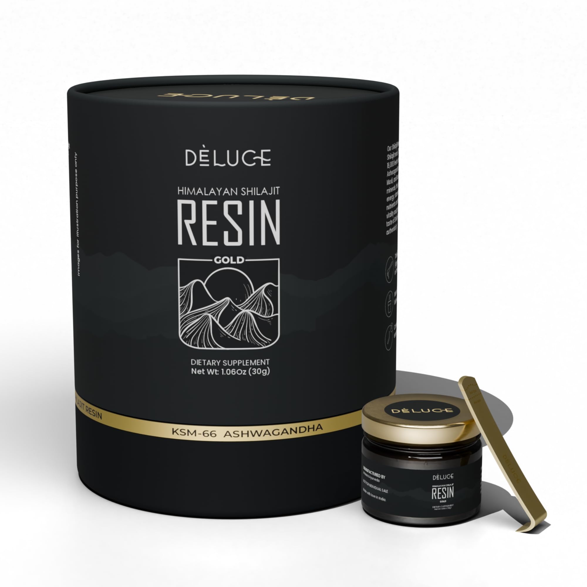 Deluce Himalayan Shilajit Resin Gold jar close-up highlighting premium resin for energy support.