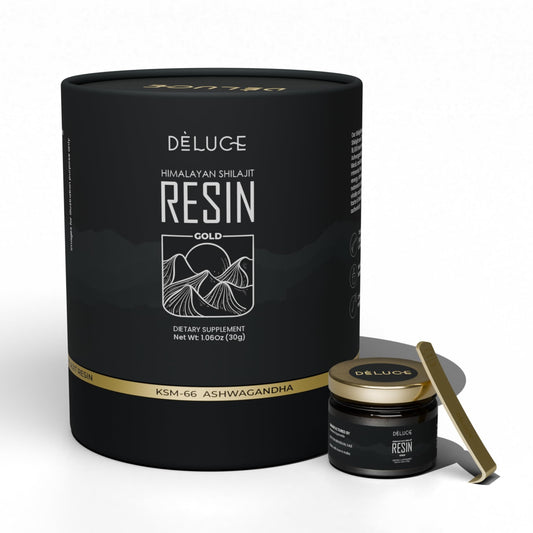 Deluce Himalayan Shilajit Resin Gold jar close-up highlighting premium resin for energy support.