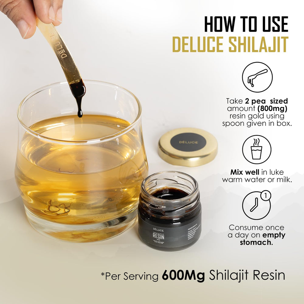 Deluce Himalayan Shilajit Resin Gold packaging display underscoring lab-tested quality.