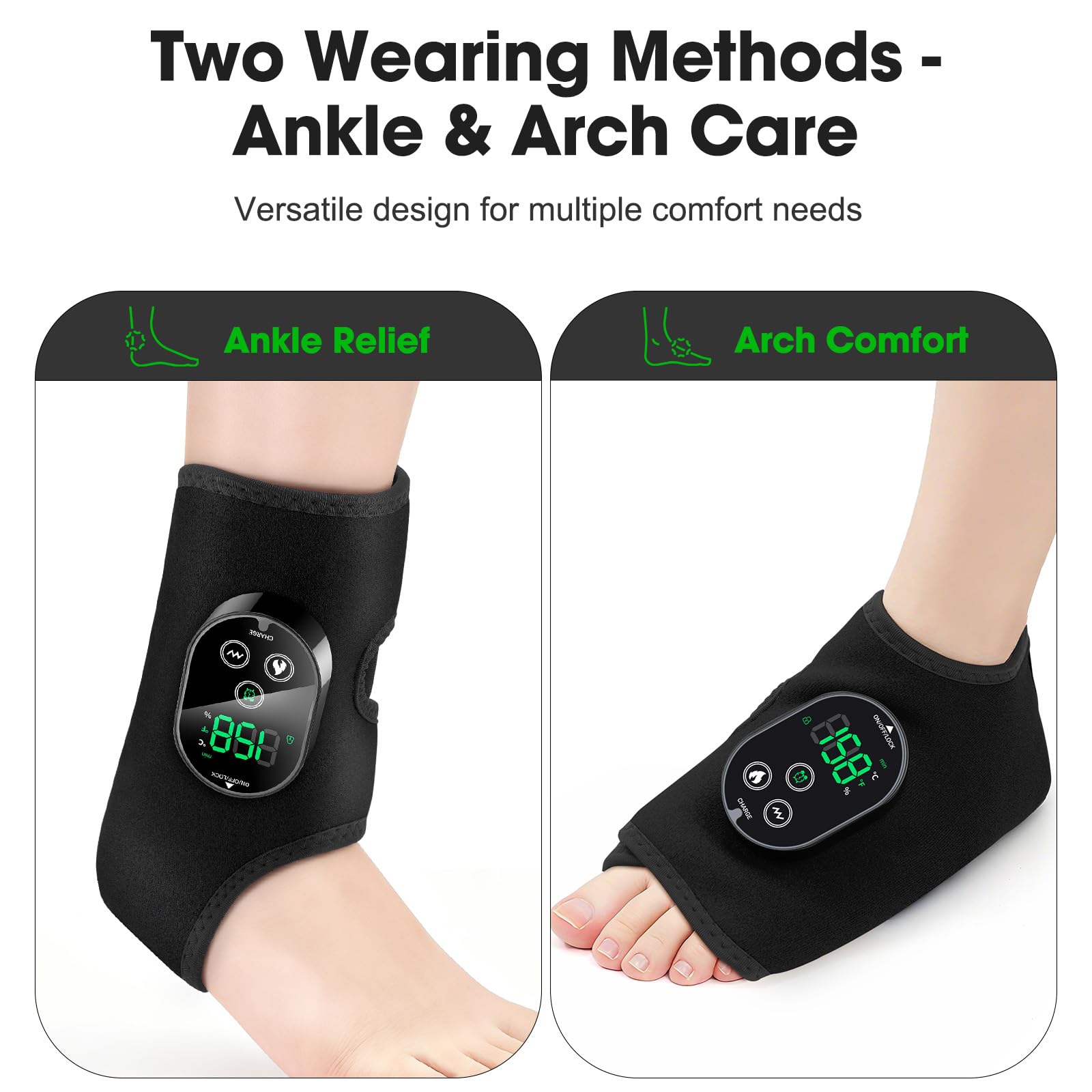 DeMoce ankle massager wearable design contours to the leg for comfortable use.