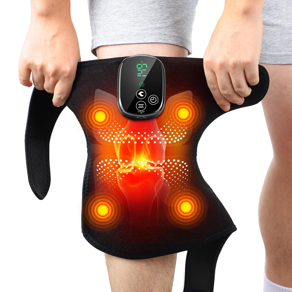 DeMoce cordless knee massager in use on knee with targeted massage and warmth.