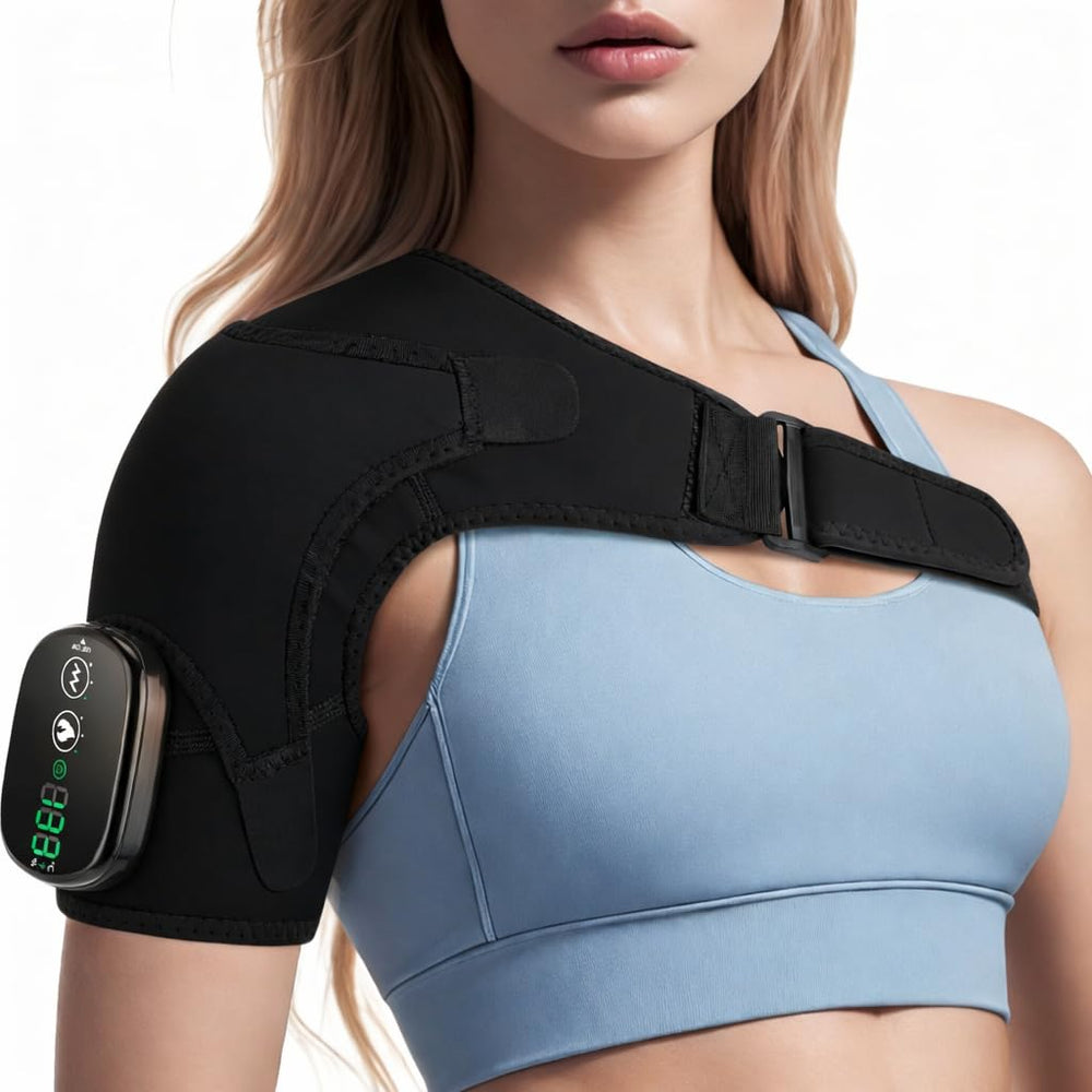 DeMoce cordless shoulder heating pad shown in use for hands-free relief.