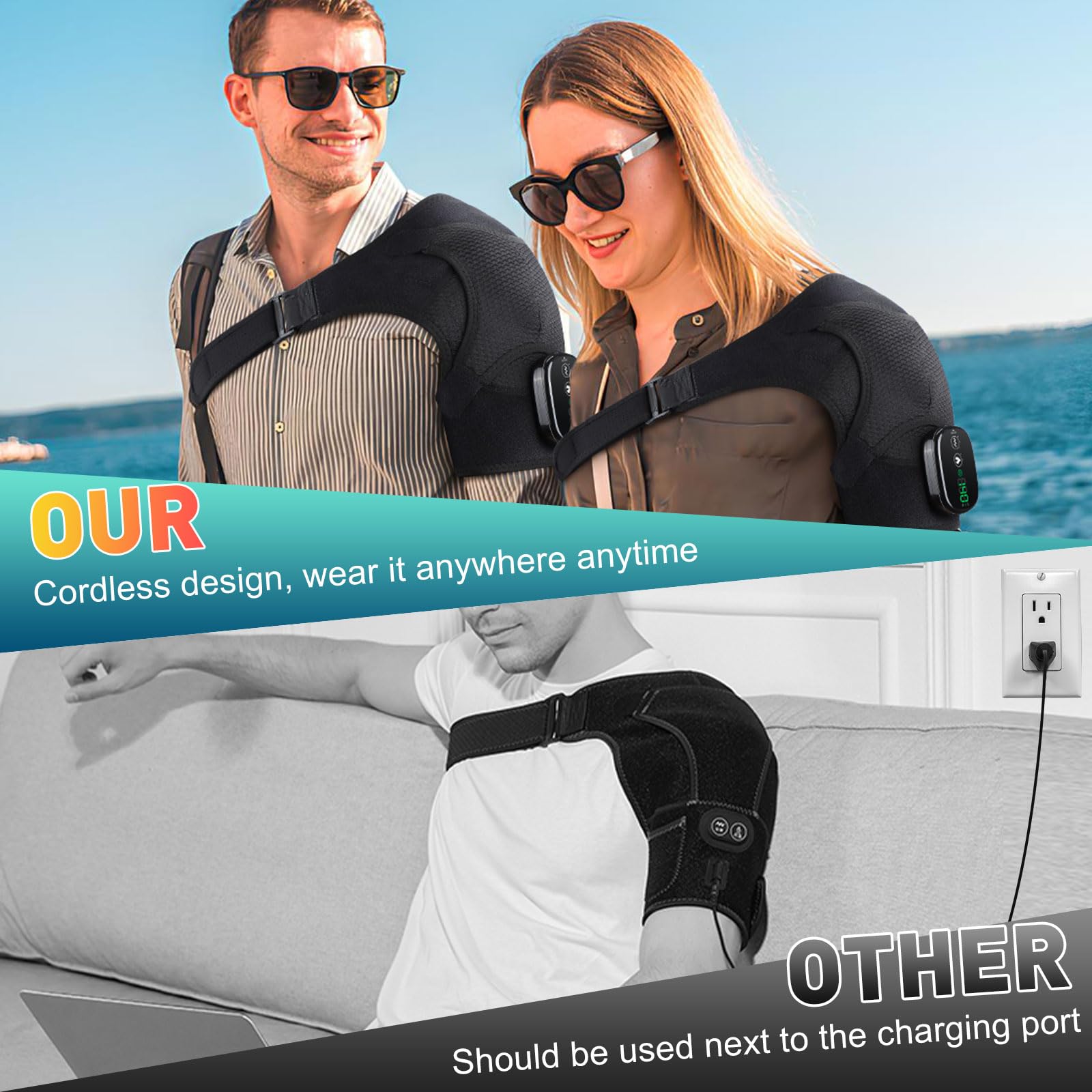 DeMoce heated wrap provides relief for frozen shoulder without bulk.