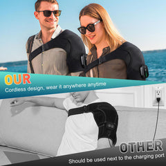 DeMoce heated wrap provides relief for frozen shoulder without bulk.