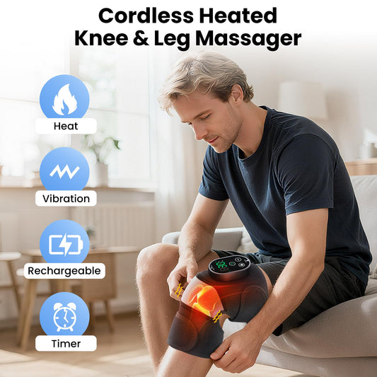 DeMoce knee heating pad worn on leg for portable therapy.