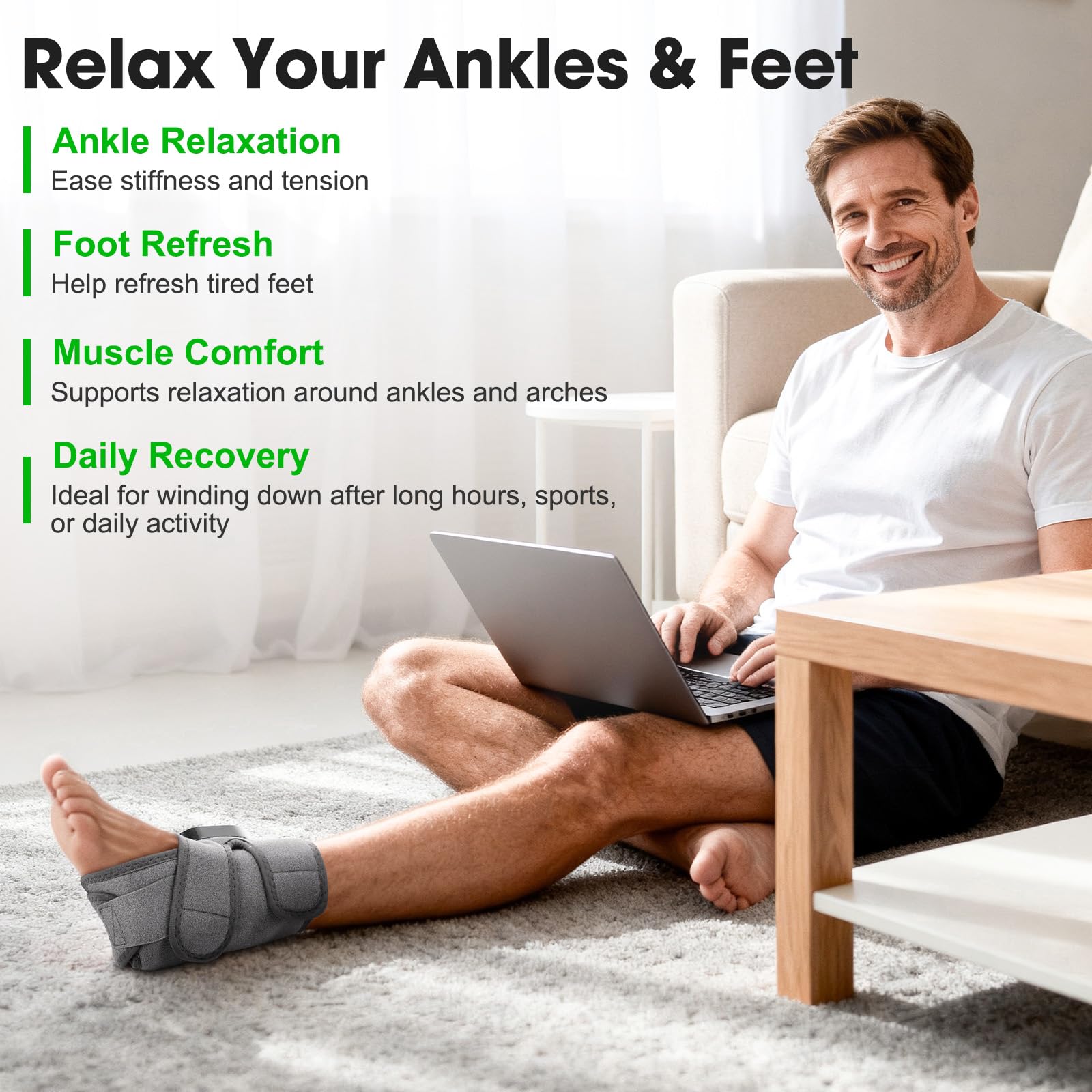DeMoce wrap applied to ankle delivering gentle heat and massage