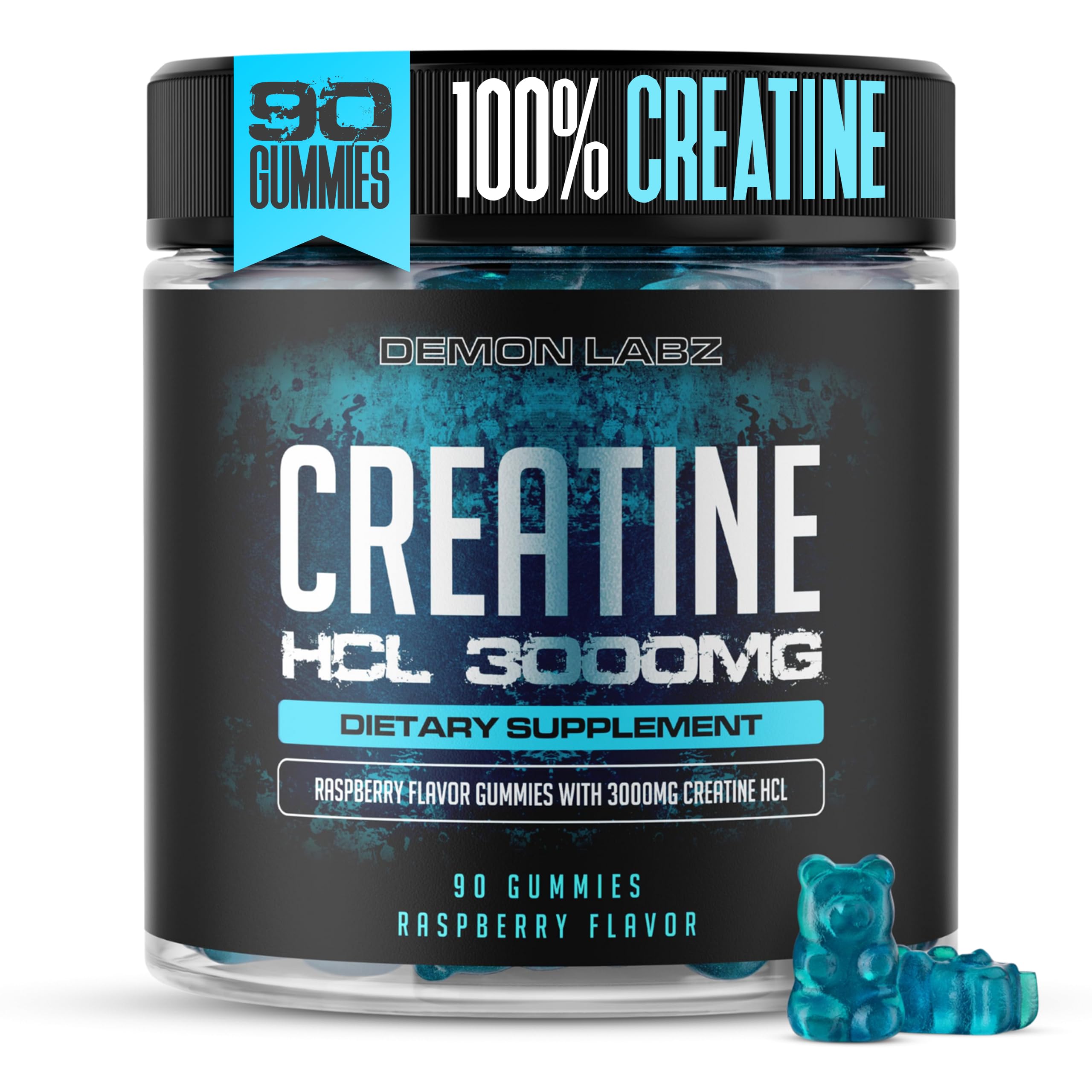Demon Labz creatine HCl raspberry gummies 90ct jar for daily workouts.