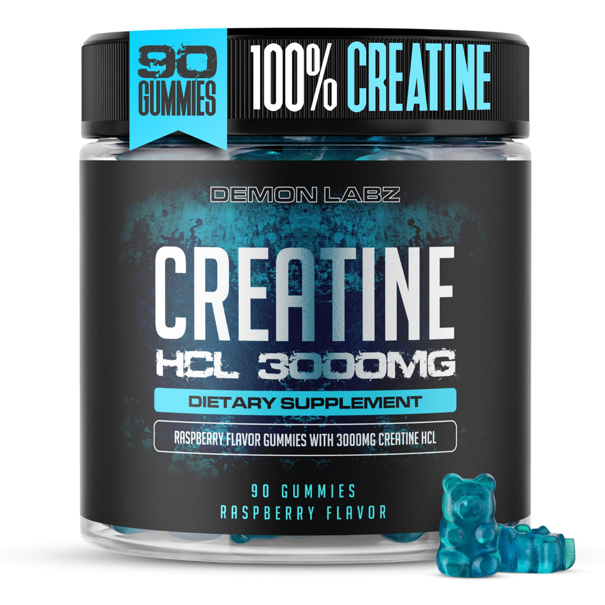 Demon Labz creatine HCl raspberry gummies 90ct jar for daily workouts.
