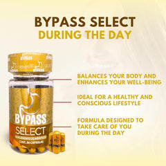 Closeup of Dendas Bypass Select capsules suggesting convenient intake.