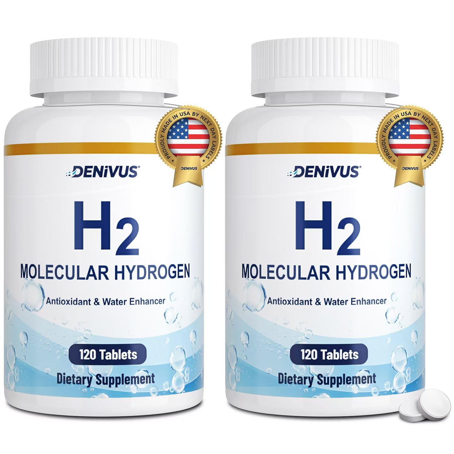 Denivus hydrogen tablets packaging for two-pack magnesium supplement.