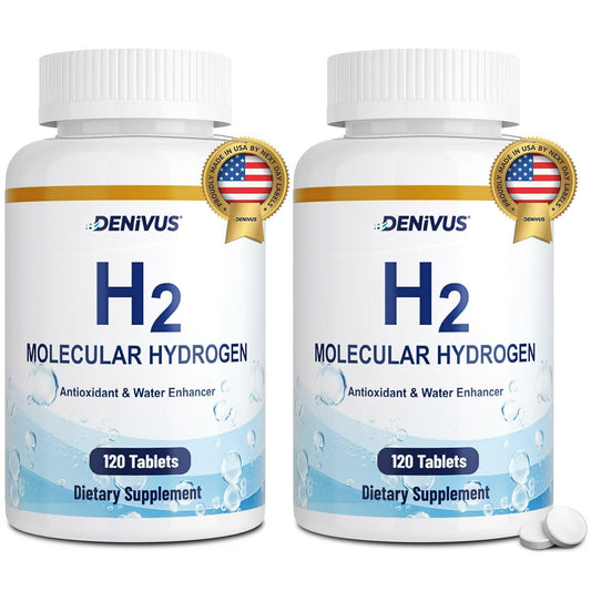Denivus hydrogen tablets packaging for two-pack magnesium supplement.