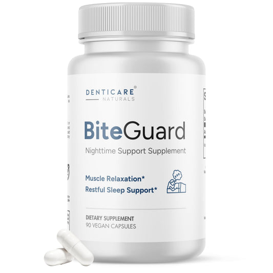 Denticare Naturals BiteGuard bottle and capsules for nighttime jaw comfort.