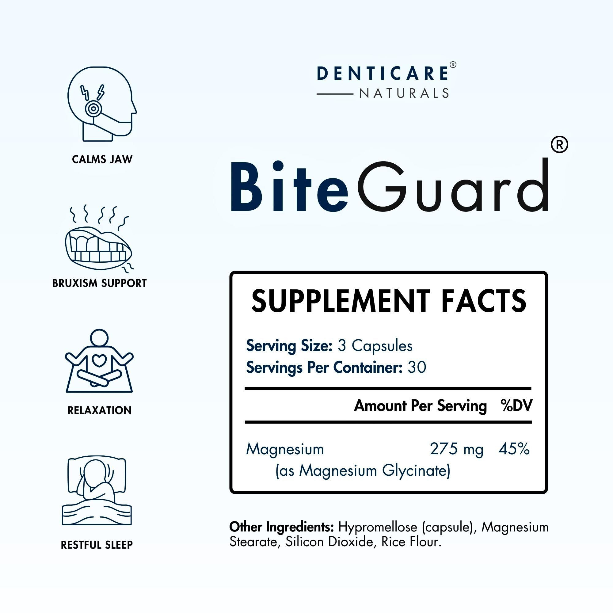 Close-up of BiteGuard ingredients label featuring magnesium glycinate for relaxation.