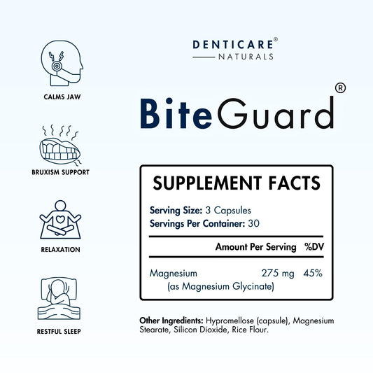 Close-up of BiteGuard ingredients label featuring magnesium glycinate for relaxation.