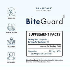 Close-up of BiteGuard ingredients label featuring magnesium glycinate for relaxation.