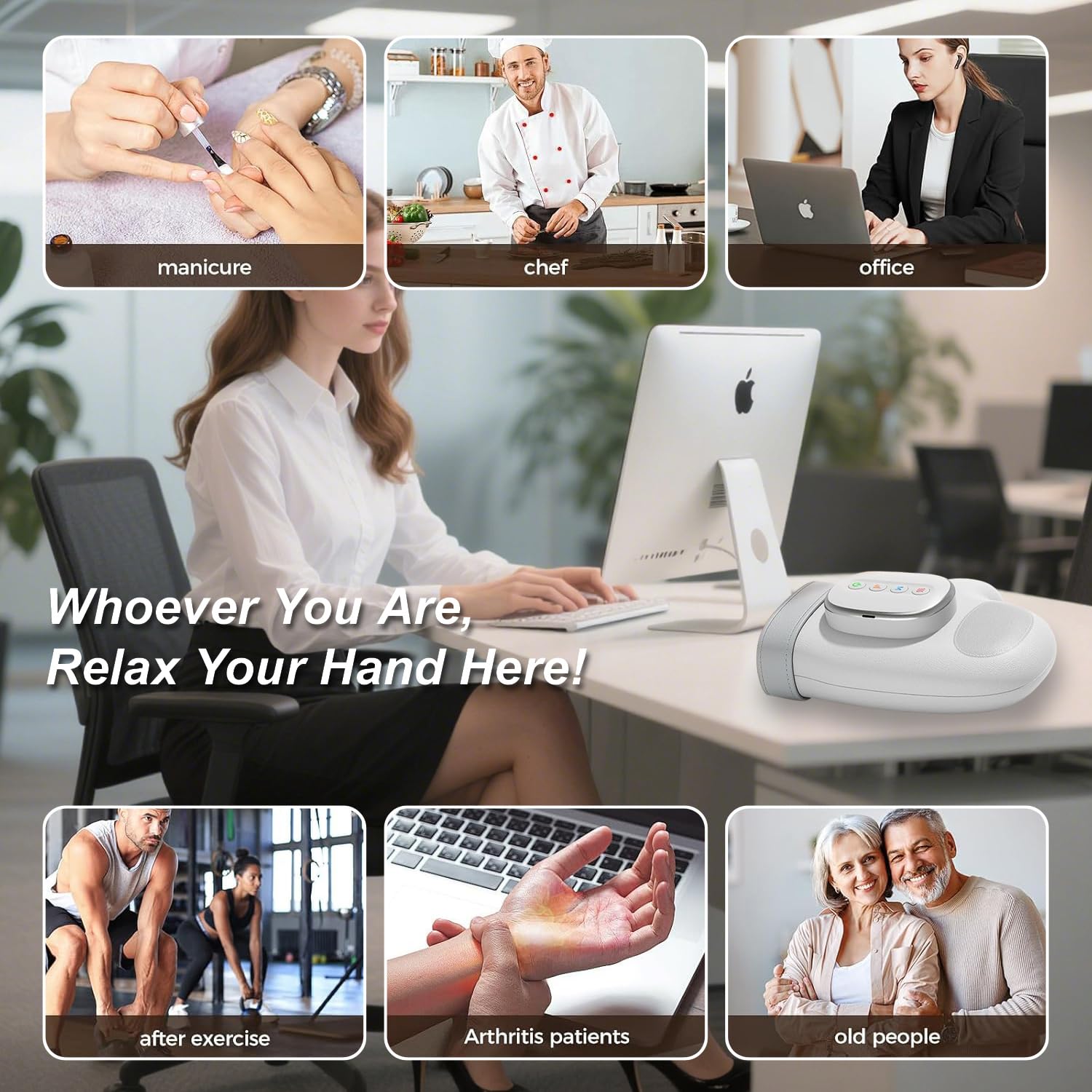 DentJet Smart Hand Massager cordless use at desk illustrates portable wellness during work