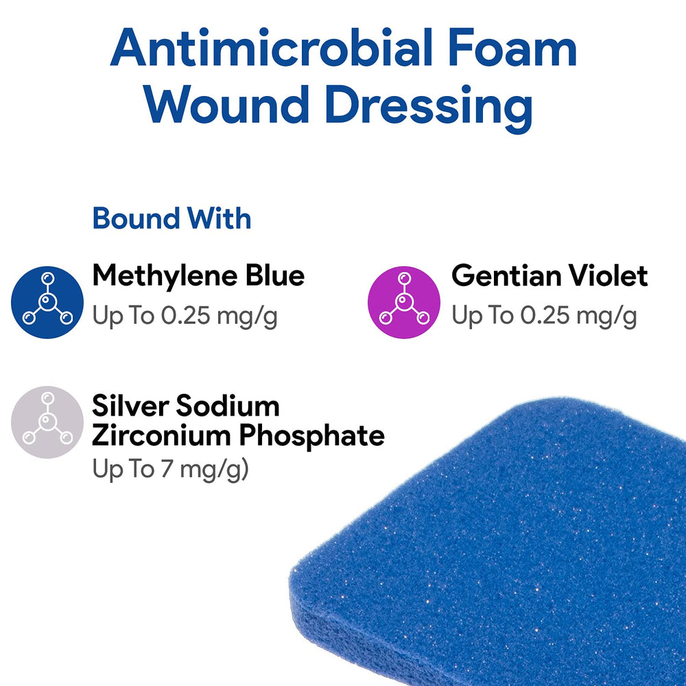 DermaBlue+ foam dressing closeup of ingredients providing broad-spectrum antimicrobial protection