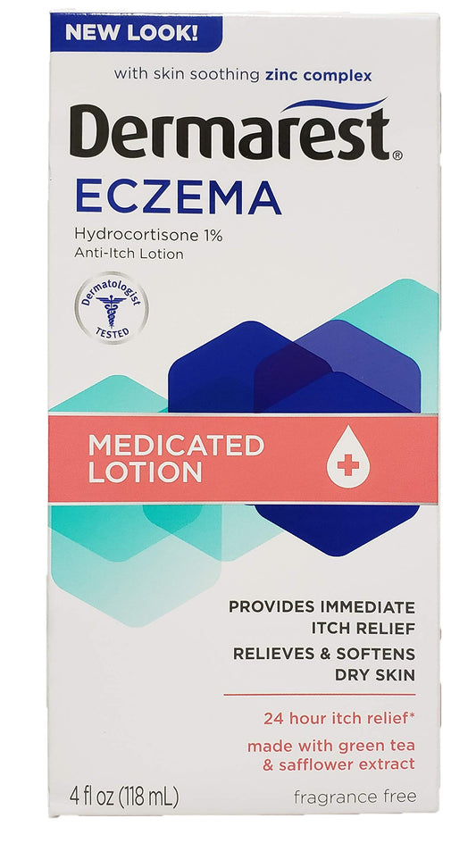 Dermarest Eczema Medicated Lotion bottle, 4-pack, offering soothing relief and skin barrier support.