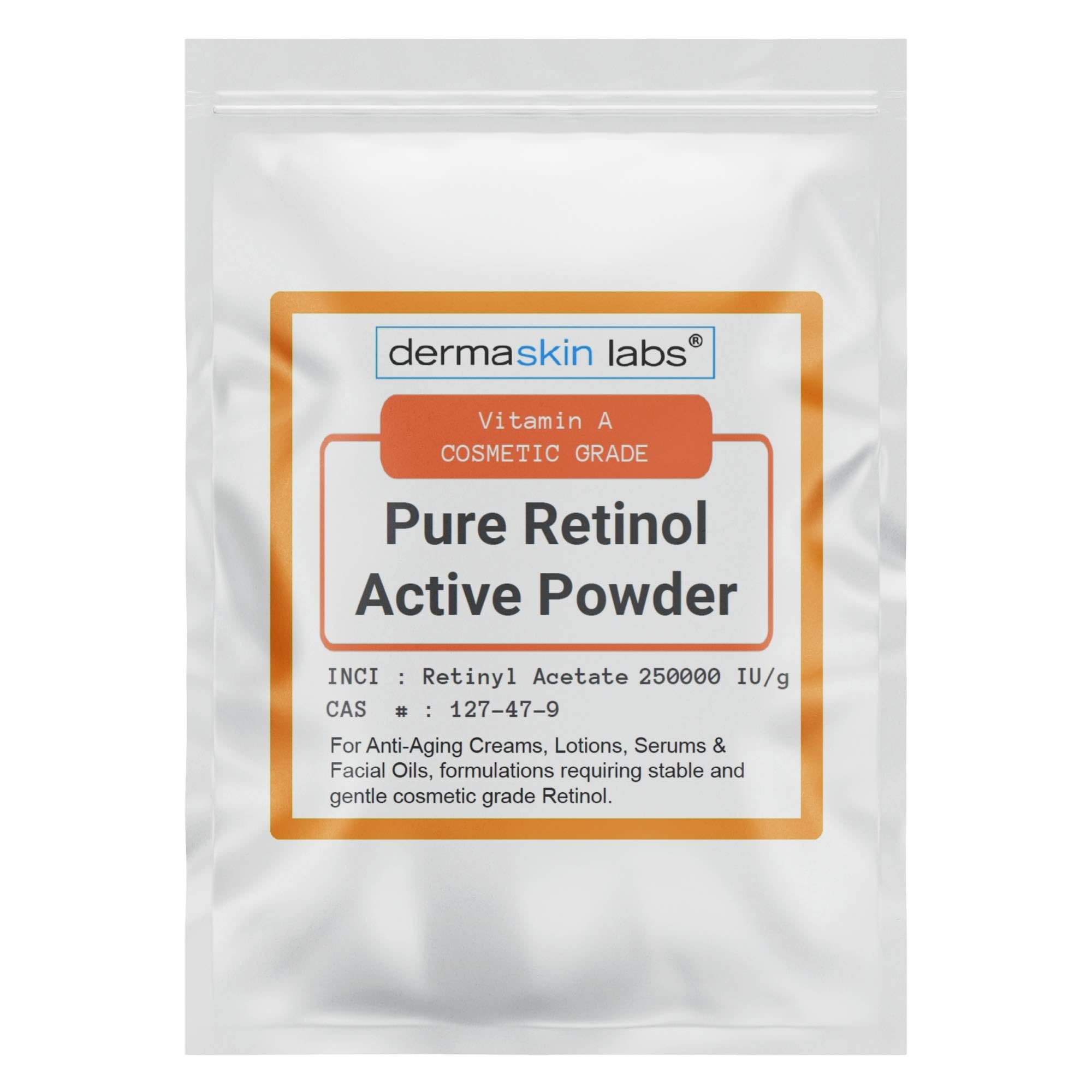 Dermaskin Labs Vitamin A Retinol Powder is a stable cosmetic-grade option for serums and creams.