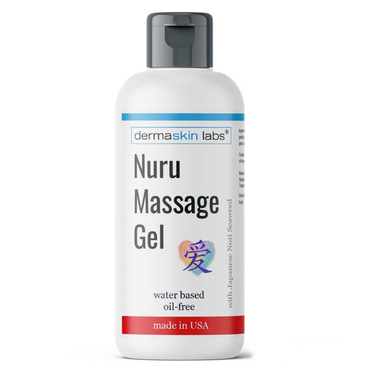 Dermaskin Labs Nuru Gel bottle and label highlighting premium USA-made formula for body-to-body massage.