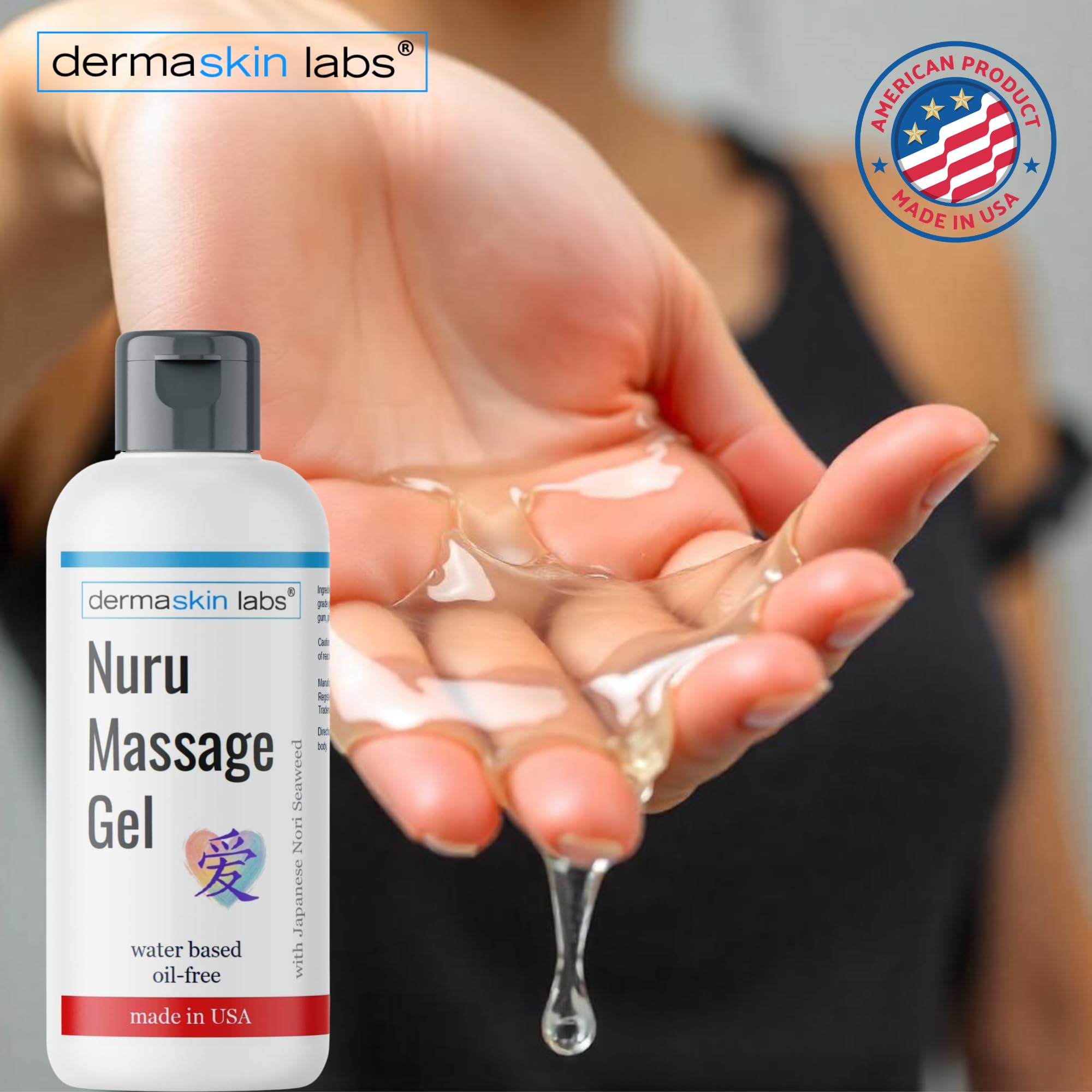 Dermaskin Labs Nuru Gel non-staining formulation visible on bottle label.