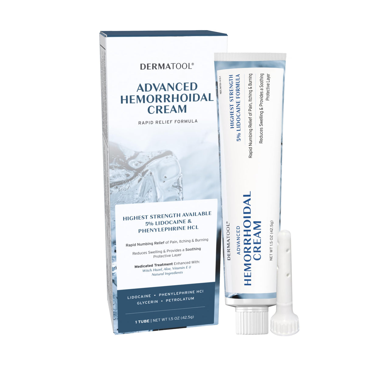 DERMATOOL hemorrhoid cream bottle showing 5% lidocaine for quick comfort.