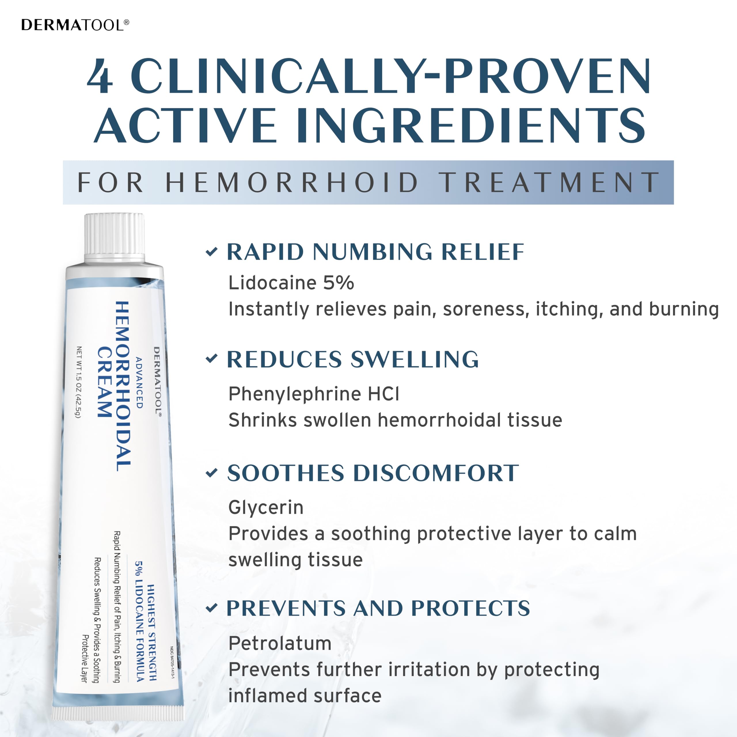 DERMATOOL hemorrhoid cream tube ready for precise topical application for fast relief.