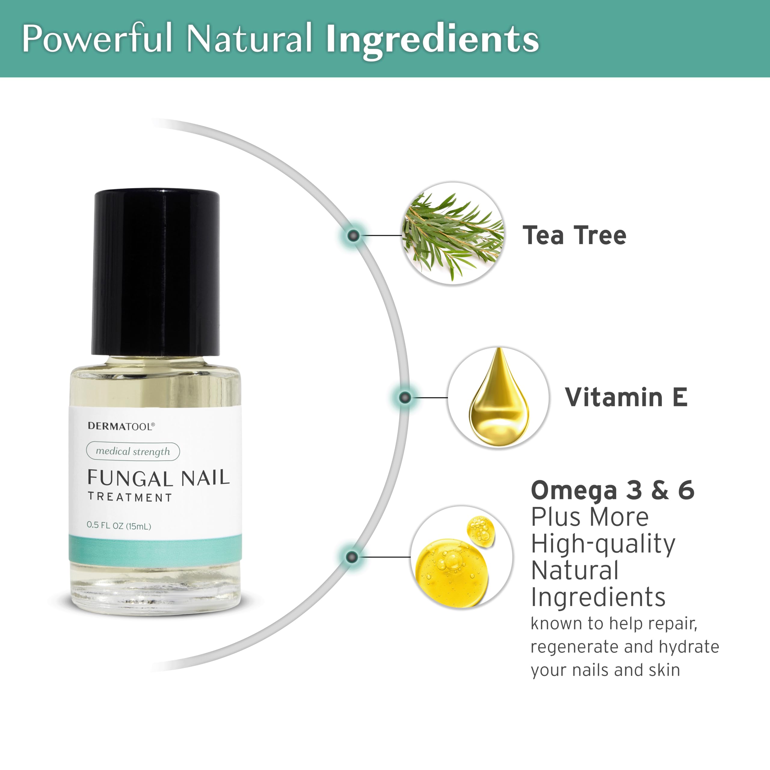 DERMATOOL bottle label highlights tolnaftate 1% and natural ingredients.