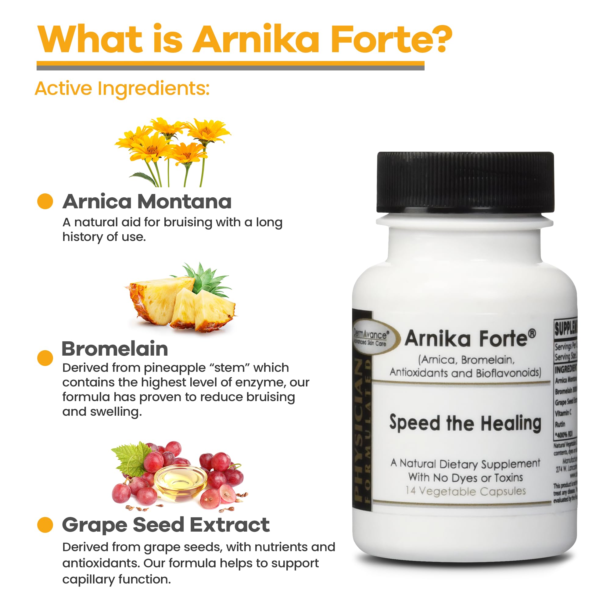 DermAvance Arnika Forte label detail highlighting ingredients for bruise support.