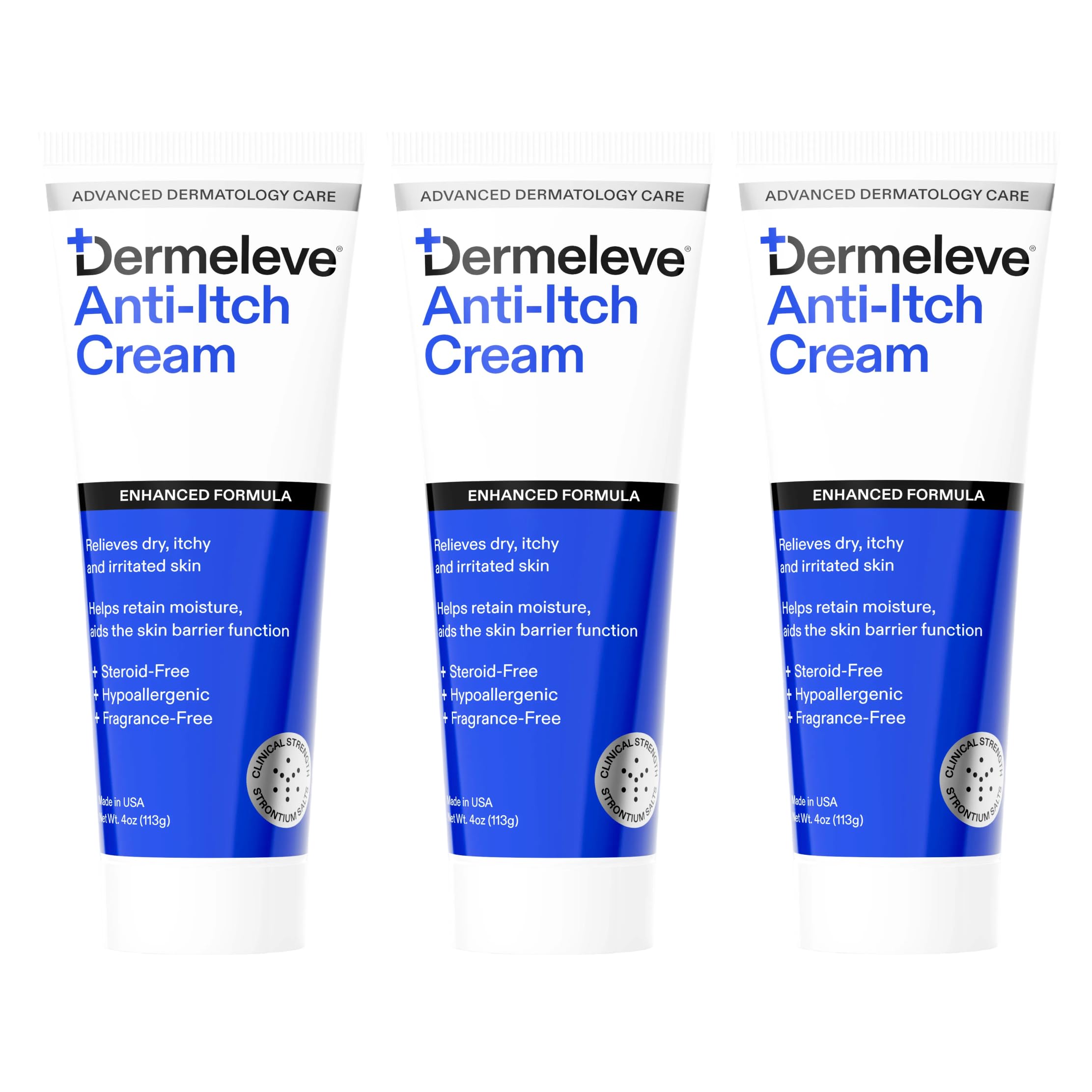 Dermeleve anti-itch cream front label highlights steroid-free relief for sensitive skin.
