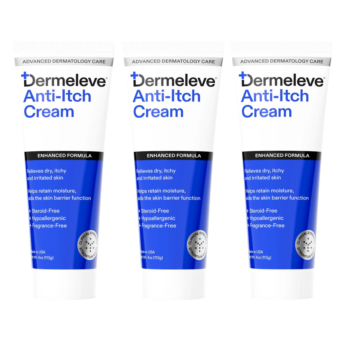 Dermeleve anti-itch cream front label highlights steroid-free relief for sensitive skin.