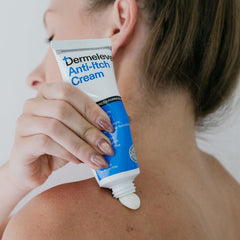 Dermatologist-developed Dermeleve anti-itch cream packaging.