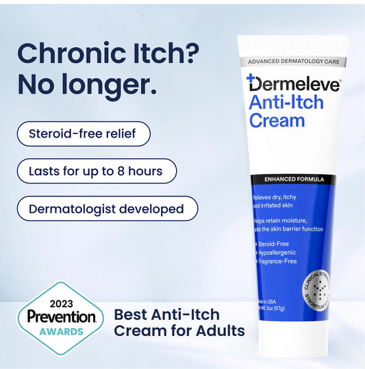 Dermeleve product label on bottle highlighting steroid-free formula.