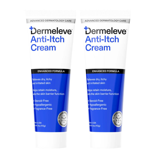 Dermeleve steroid-free anti-itch cream packaging showcases a non-irritating relief option for sensitive skin.