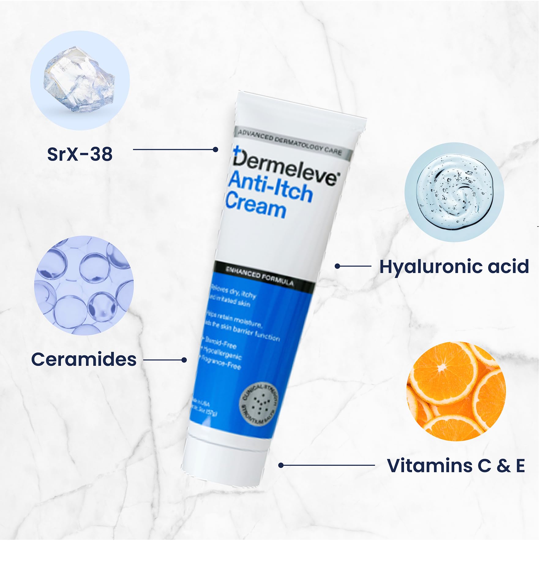 Dermeleve cream texture shown, non-greasy and quickly absorbed