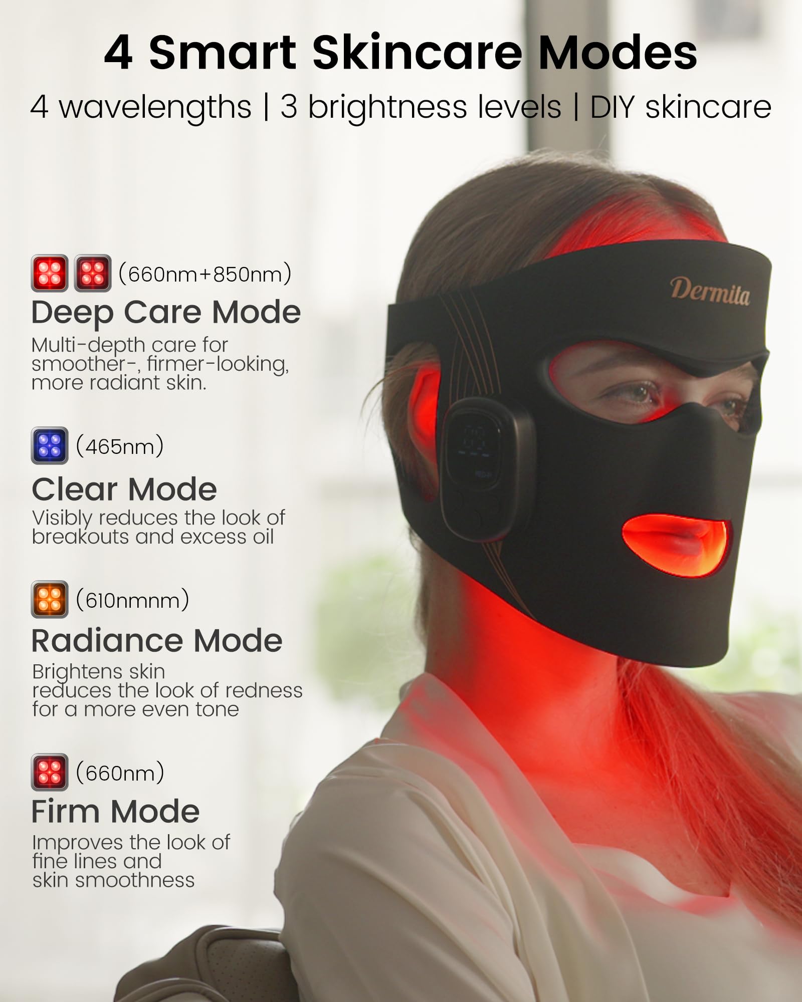 Dermita wireless mask with remote control for effortless session adjustments.