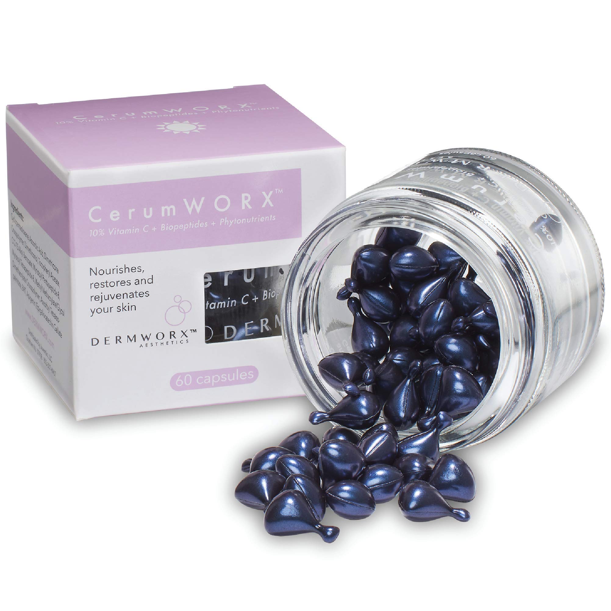 DermWORX CerumWORX Day Serum bottle with 10-percent vitamin C capsules for daily use.