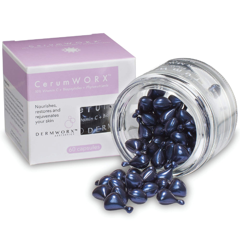 DermWORX CerumWORX Day Serum bottle with 10-percent vitamin C capsules for daily use.