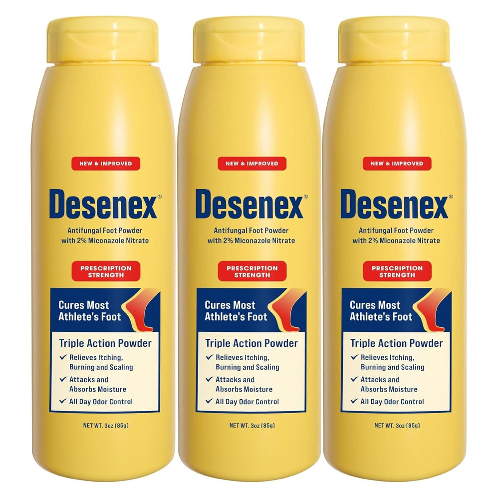 Desenex antifungal powder 3 oz bottle shown for fast moisture control on feet.