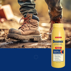 Desenex powder on toe area demonstrates moisture and friction reduction.