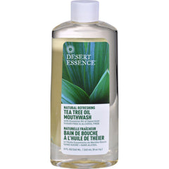 Desert Essence Tea Tree Mouthwash bottle with spearmint for a refreshing rinse.