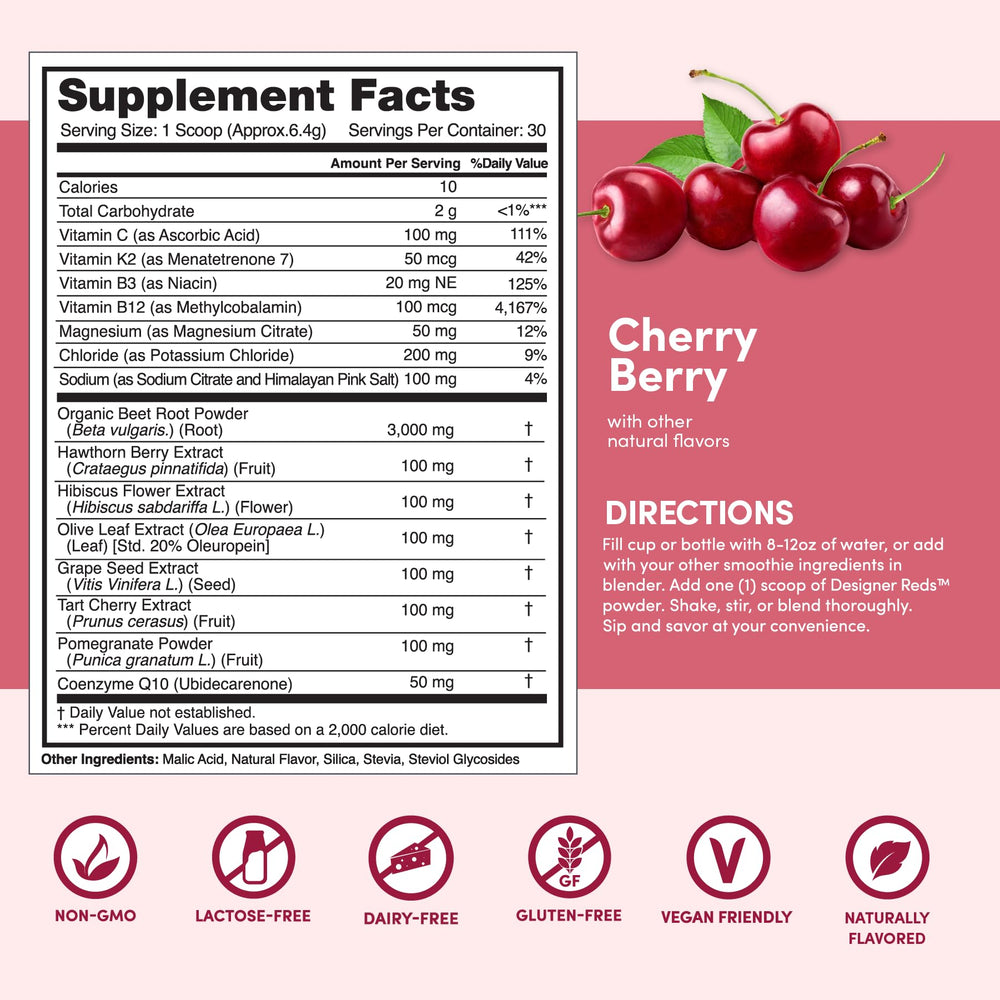 Designer Reds antioxidant powerhouse bottle emphasizing polyphenols